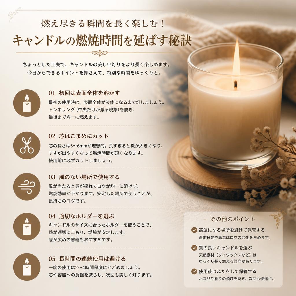 燃え尽きる瞬間を長く楽しむ！キャンドルの燃焼時間を延ばす秘訣 | キャンドルのプレゼントならLUEUR