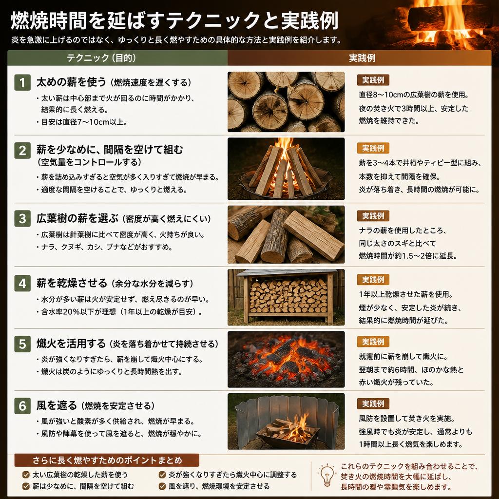 4. 燃焼時間を延ばすためのテクニック